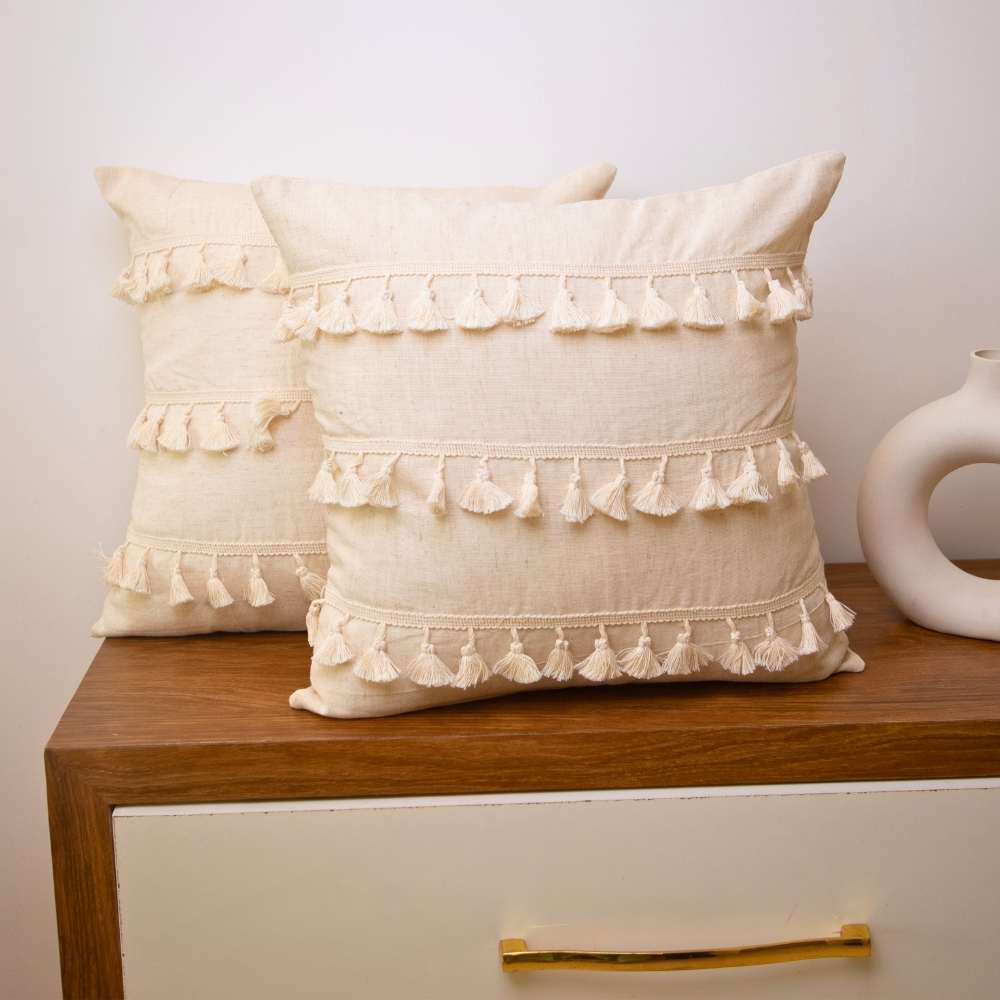 Beige Boho Tassel Cushion Covers