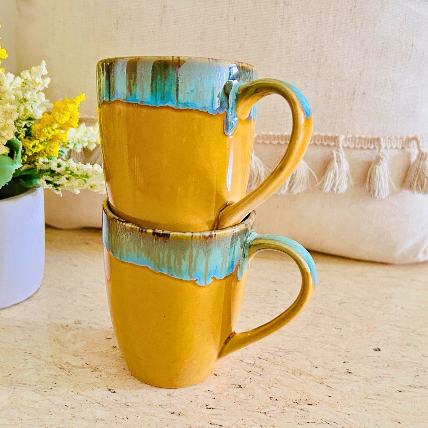 Shyn Nest Yellow and Blue Ceramic Coffee/Tea Mugs | Set of 2