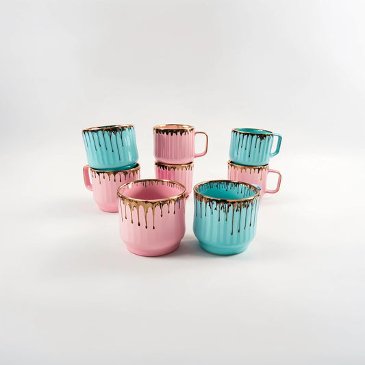 Blue & Pink Drip Design Ceramic Tea Cups (Set of 6)