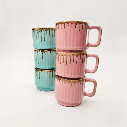 Blue & Pink Drip Design Ceramic Tea Cups (Set of 6)