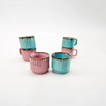 Blue & Pink Drip Design Ceramic Tea Cups (Set of 6)