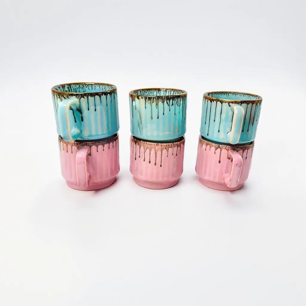 Blue & Pink Drip Design Ceramic Tea Cups (Set of 6)