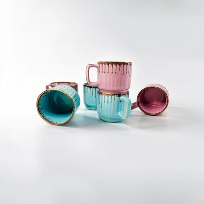 Blue & Pink Drip Design Ceramic Tea Cups (Set of 6)